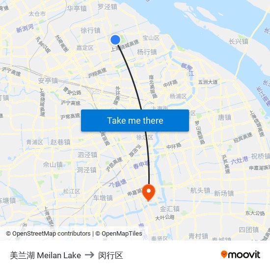 美兰湖 Meilan Lake to 闵行区 map