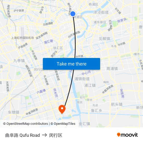 曲阜路 Qufu Road to 闵行区 map