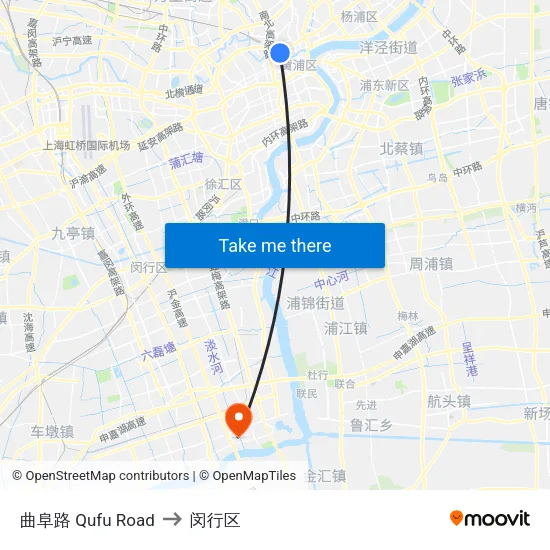 曲阜路 Qufu Road to 闵行区 map