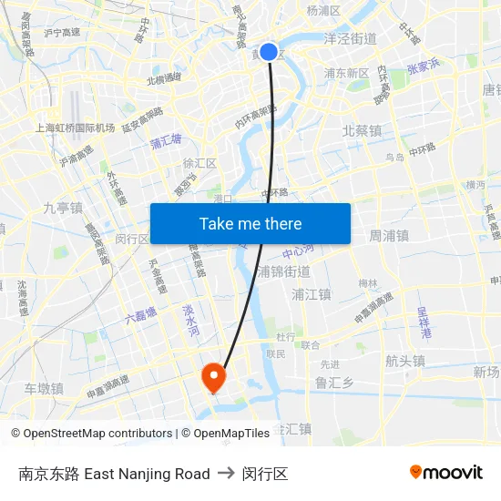 南京东路 East Nanjing Road to 闵行区 map