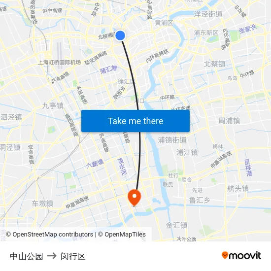 中山公园 to 闵行区 map