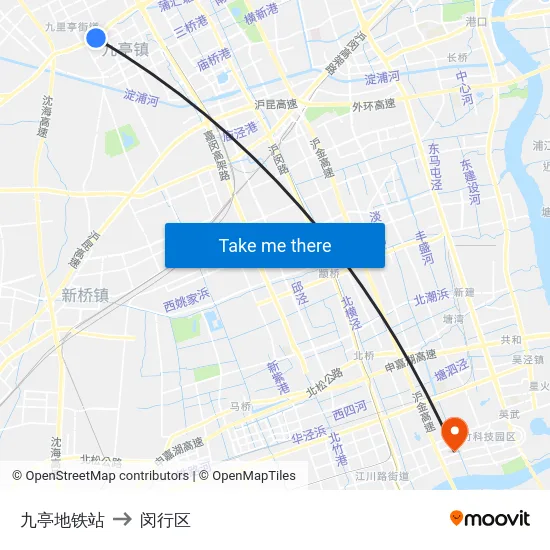 九亭地铁站 to 闵行区 map