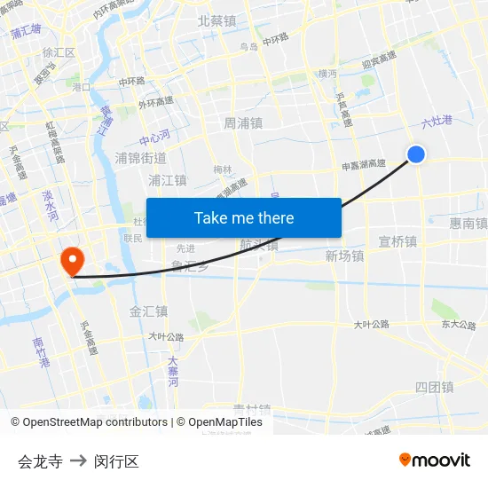 会龙寺 to 闵行区 map