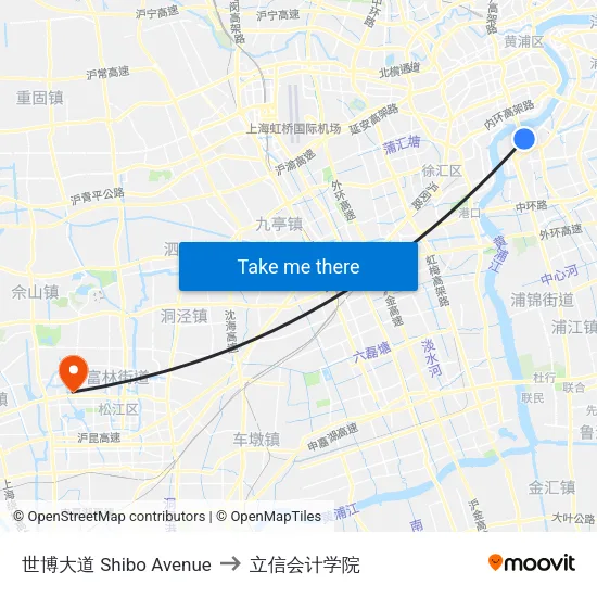 世博大道 Shibo Avenue to 立信会计学院 map