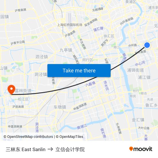 三林东 East Sanlin to 立信会计学院 map