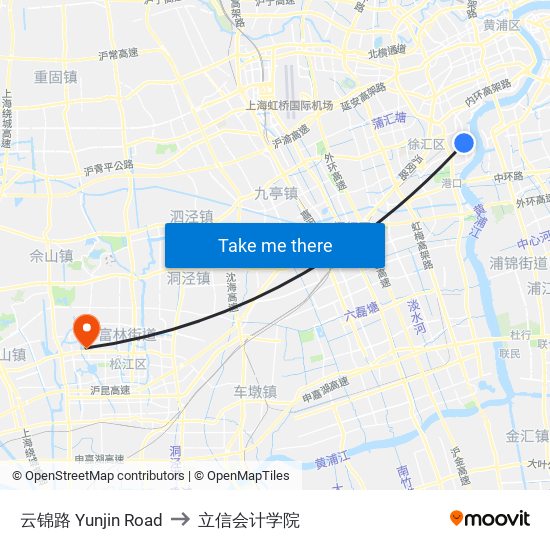 云锦路 Yunjin Road to 立信会计学院 map