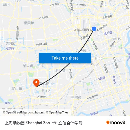 上海动物园 Shanghai Zoo to 立信会计学院 map