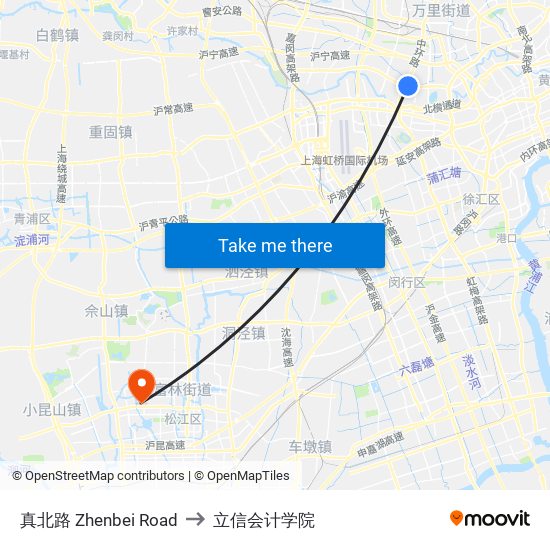 真北路 Zhenbei Road to 立信会计学院 map
