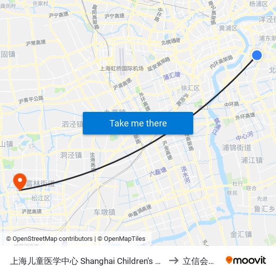 上海儿童医学中心 Shanghai Children's Medical Center to 立信会计学院 map
