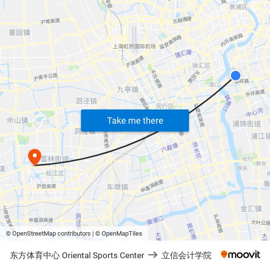 东方体育中心 Oriental Sports Center to 立信会计学院 map