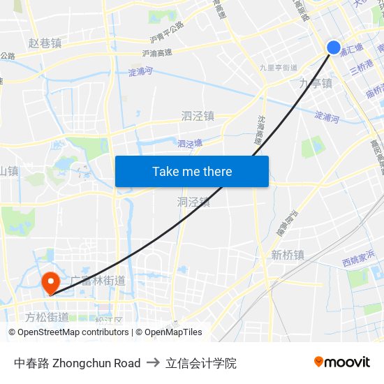 中春路 Zhongchun Road to 立信会计学院 map
