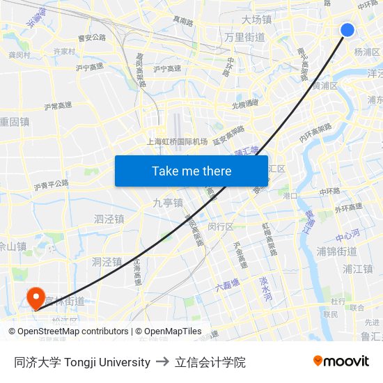 同济大学 Tongji University to 立信会计学院 map
