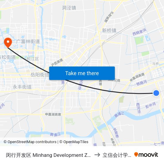 闵行开发区 Minhang Development Zone to 立信会计学院 map