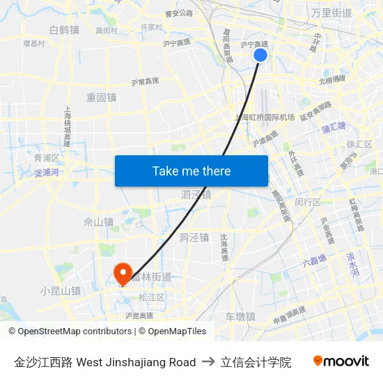 金沙江西路 West Jinshajiang Road to 立信会计学院 map