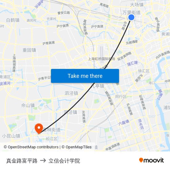 真金路富平路 to 立信会计学院 map