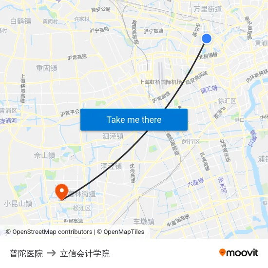 普陀医院 to 立信会计学院 map