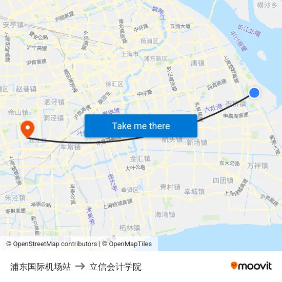 浦东国际机场站 to 立信会计学院 map