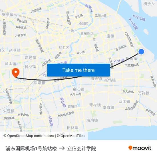 浦东国际机场1号航站楼 to 立信会计学院 map