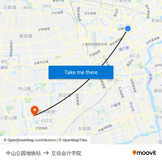 中山公园地铁站 to 立信会计学院 map