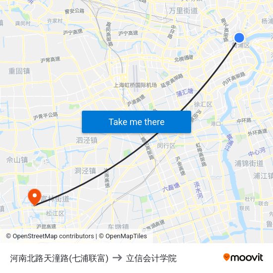 河南北路天潼路(七浦联富) to 立信会计学院 map