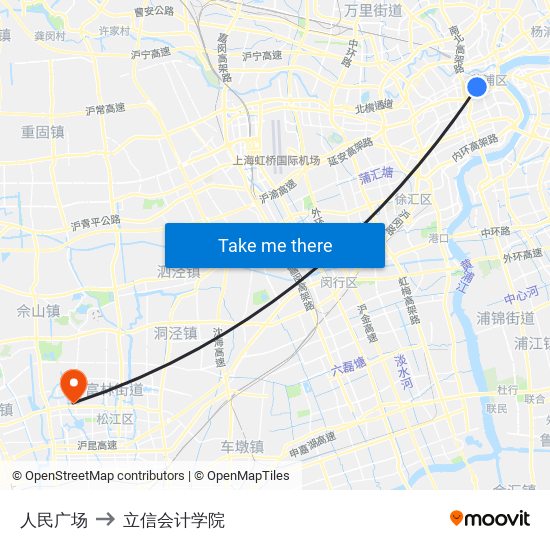 人民广场 to 立信会计学院 map