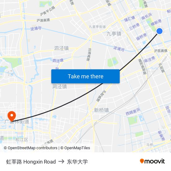 虹莘路 Hongxin Road to 东华大学 map