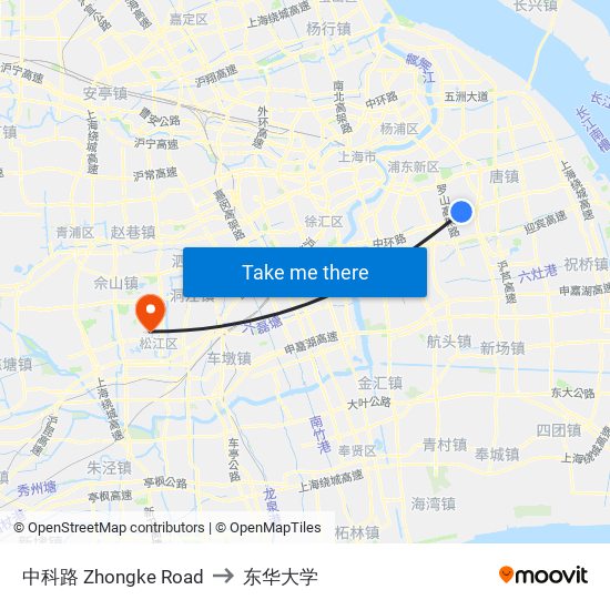 中科路 Zhongke Road to 东华大学 map