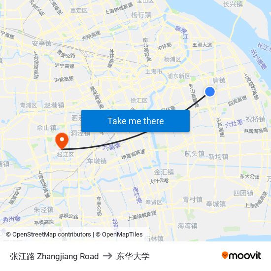 张江路 Zhangjiang Road to 东华大学 map