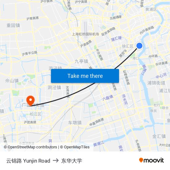 云锦路 Yunjin Road to 东华大学 map
