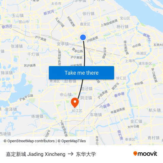 嘉定新城 Jiading Xincheng to 东华大学 map