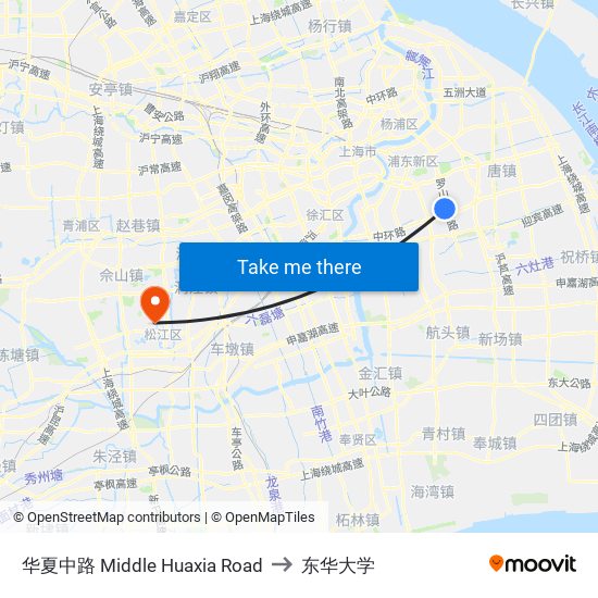 华夏中路 Middle Huaxia Road to 东华大学 map