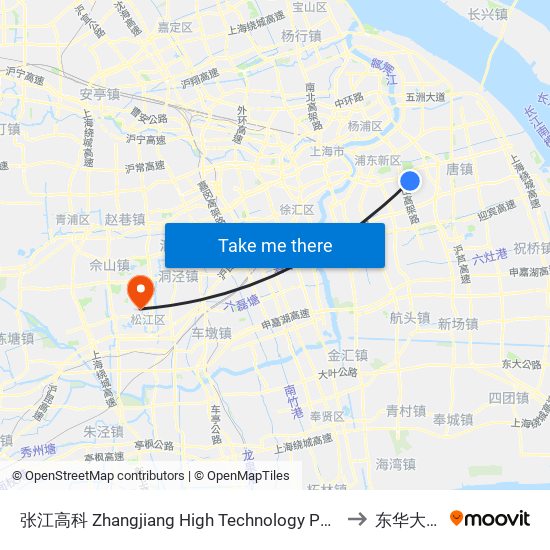 张江高科 Zhangjiang High Technology Park to 东华大学 map