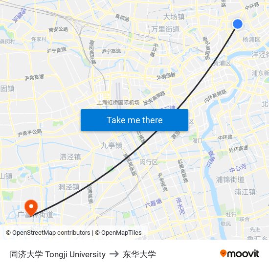 同济大学 Tongji University to 东华大学 map