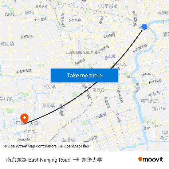 南京东路 East Nanjing Road to 东华大学 map