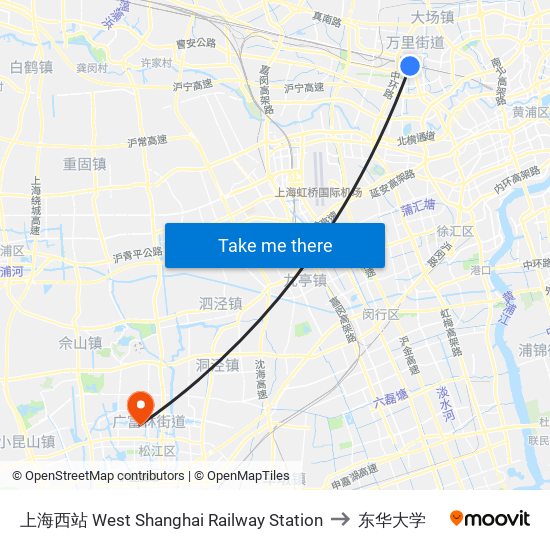 上海西站 West Shanghai Railway Station to 东华大学 map