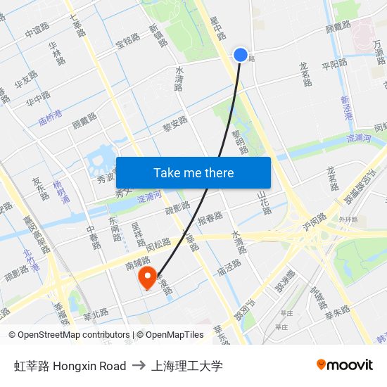 虹莘路 Hongxin Road to 上海理工大学 map