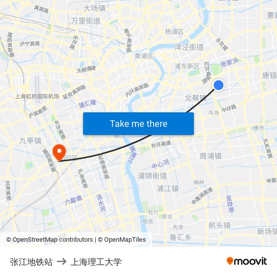 张江地铁站 to 上海理工大学 map