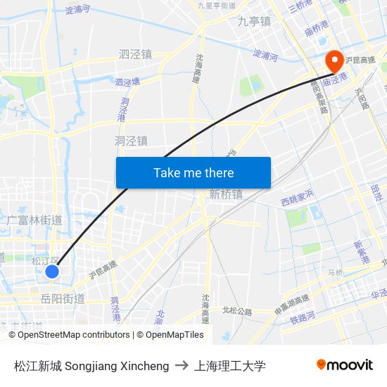 松江新城 Songjiang Xincheng to 上海理工大学 map