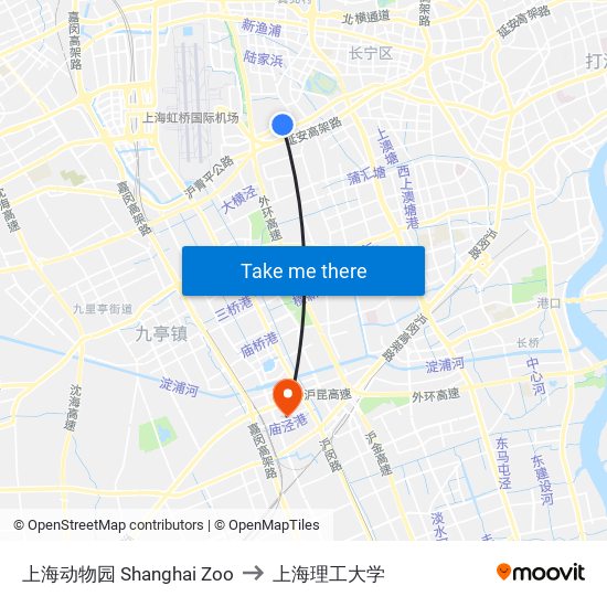上海动物园 Shanghai Zoo to 上海理工大学 map