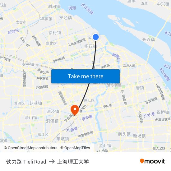 铁力路 Tieli Road to 上海理工大学 map