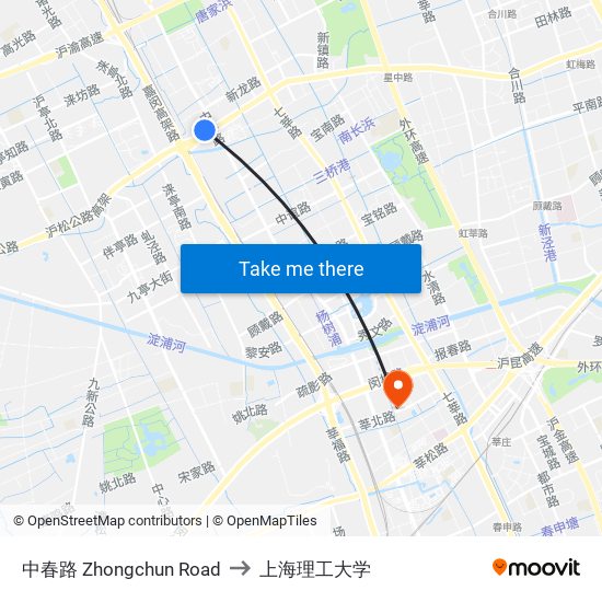中春路 Zhongchun Road to 上海理工大学 map