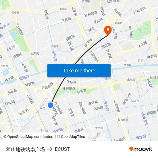 Xinzhuang Metro Station South Plaza to ECUST map