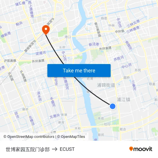 世博家园五院门诊部 to ECUST map