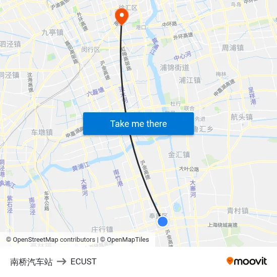 Nanqiao Bus Station to ECUST map