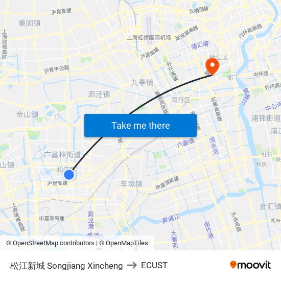 松江新城 Songjiang Xincheng to ECUST map