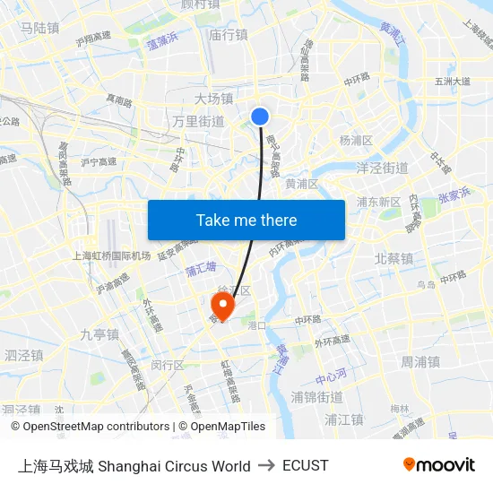 Shanghai Circus World to ECUST map