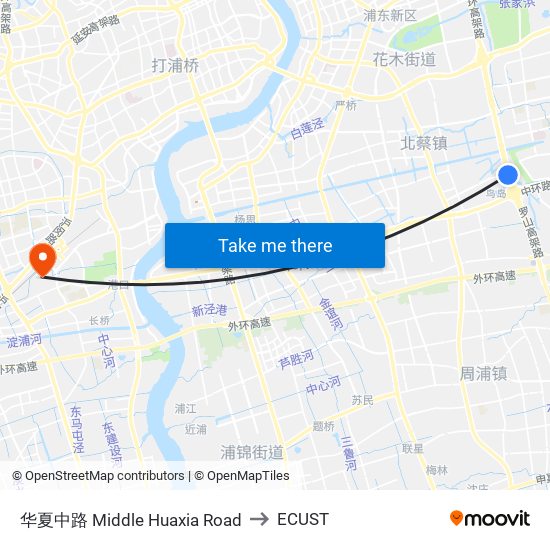 华夏中路 Middle Huaxia Road to ECUST map