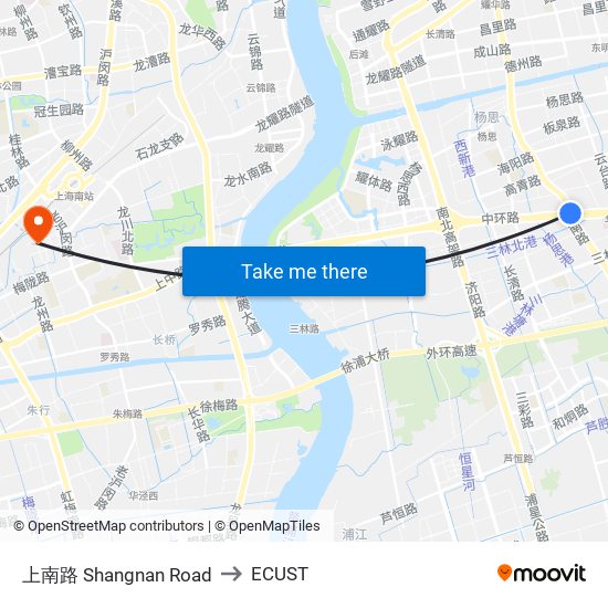 上南路 Shangnan Road to ECUST map