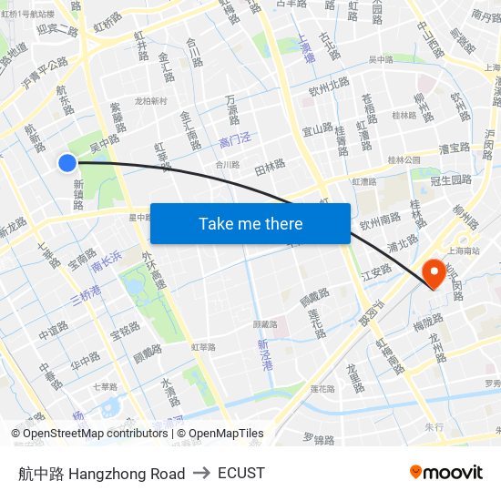 航中路 Hangzhong Road to ECUST map