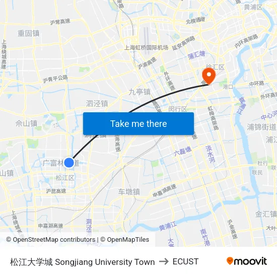 Songjiang University Town to ECUST map